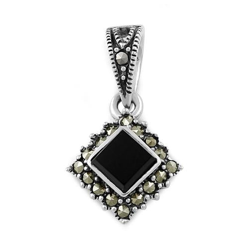 Sterling Silver Black Onyx Square Marcasite Pendant