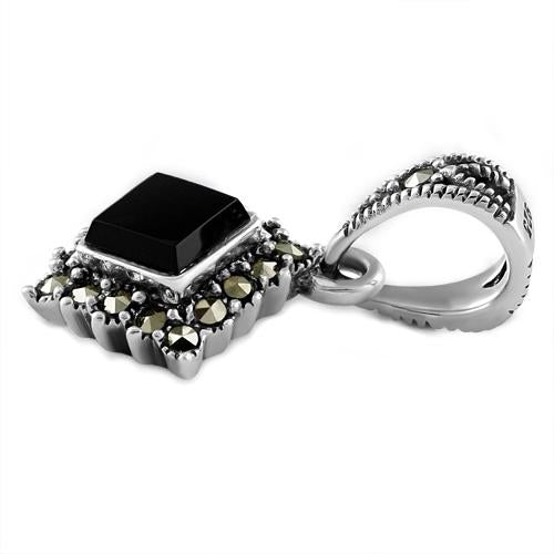 Sterling Silver Black Onyx Square Marcasite Pendant