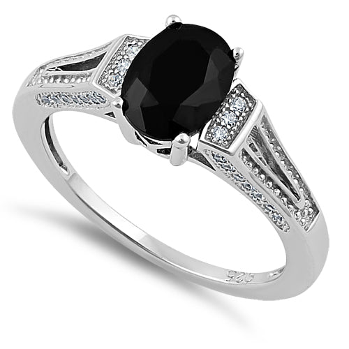 Sterling Silver Black Oval Cut CZ Ring