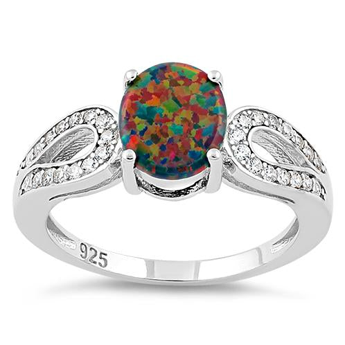 Sterling Silver Black Oval Lab Opal CZ Ring