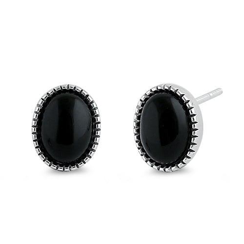 Sterling Silver Black Agate Oval Stone Earrings