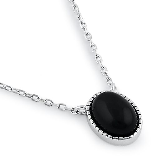 Sterling Silver Black Agate Oval Stone Necklace