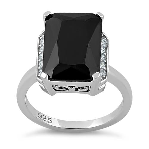 Sterling Silver Black Radiant Cut CZ Ring