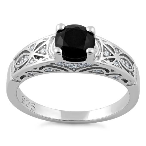 Sterling Silver Black Round Cut Engagement CZ Ring