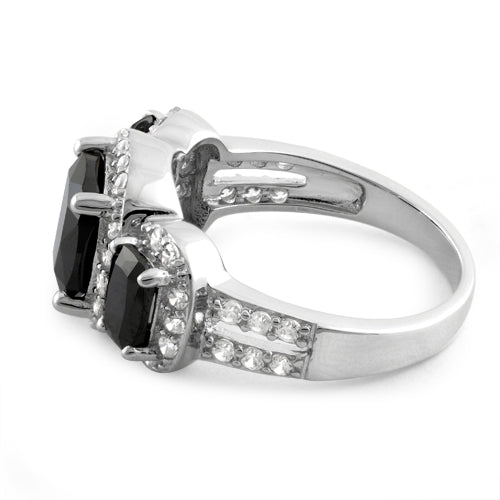 Sterling Silver Black Three Stone Halo CZ Ring