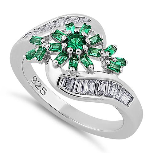 Sterling Silver Blooming Flower Emerald CZ Ring
