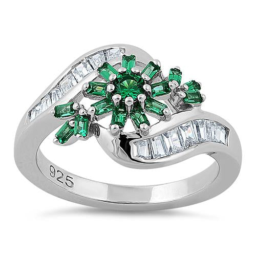Sterling Silver Blooming Flower Emerald CZ Ring