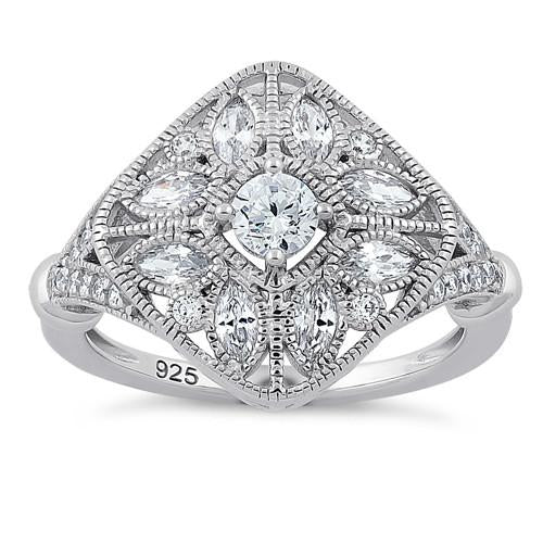 Sterling Silver Blooming Flower Round Cut Clear CZ Ring