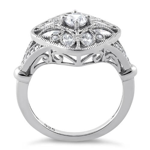 Sterling Silver Blooming Flower Round Cut Clear CZ Ring