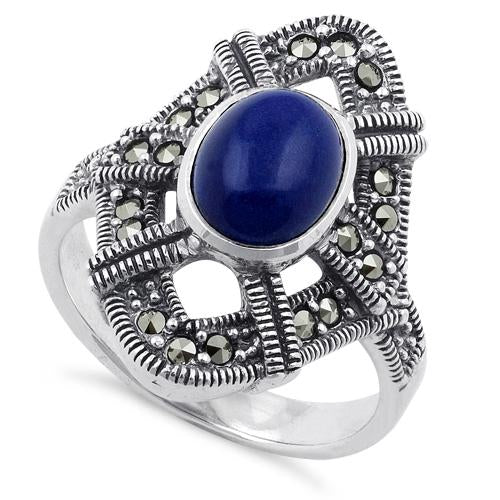 Sterling Silver Blue Lapis Oval Marcasite Ring