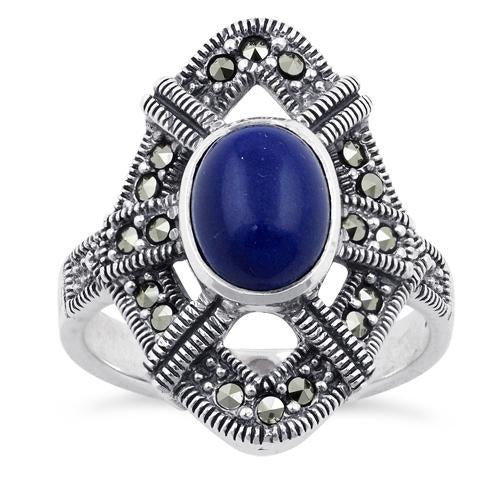 Sterling Silver Blue Lapis Oval Marcasite Ring