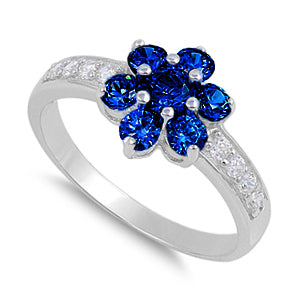 Sterling Silver Blue Sapphire Plumeria Flower CZ Ring