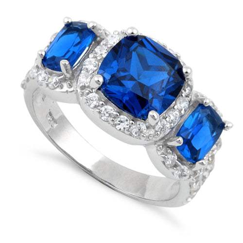 Sterling Silver Blue Three Stone Halo CZ Ring