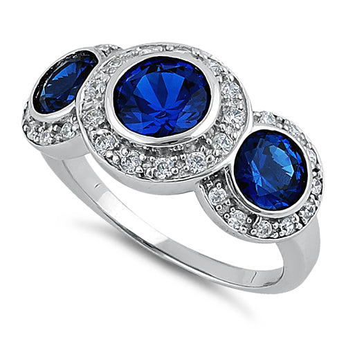 Sterling Silver Blue Sapphire Three Stone Halo CZ Ring