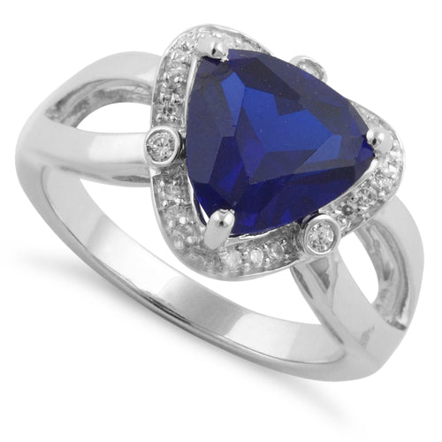 Sterling Silver Blue Sapphire Trillion Cut Halo CZ Ring