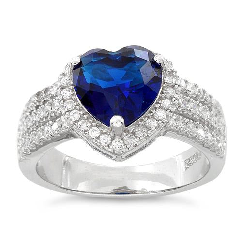 Sterling Silver Blue Sapphire Heart CZ Ring
