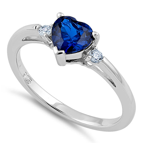 Sterling Silver Blue Sapphire Heart CZ Ring
