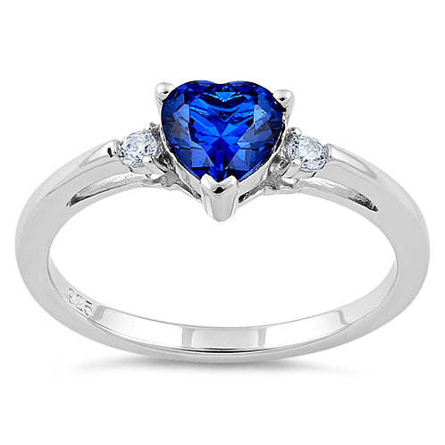 Sterling Silver Blue Sapphire Heart CZ Ring