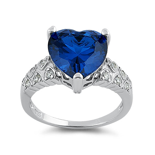 Sterling Silver Blue Sapphire Heart Shape CZ Ring