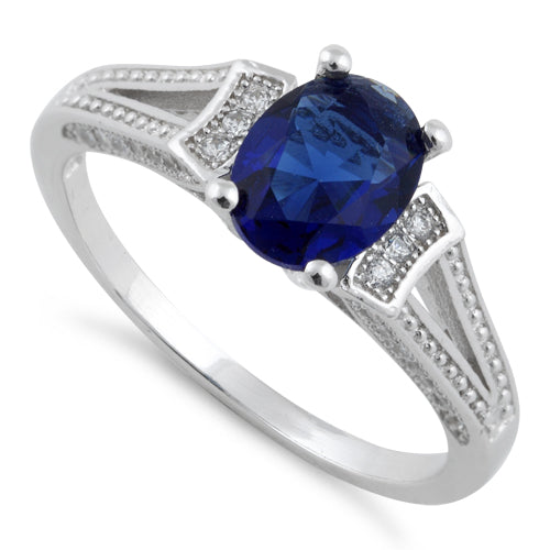 Sterling Silver Blue Sapphire Oval Cut CZ Ring