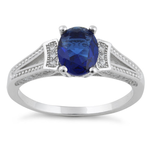 Sterling Silver Blue Sapphire Oval Cut CZ Ring