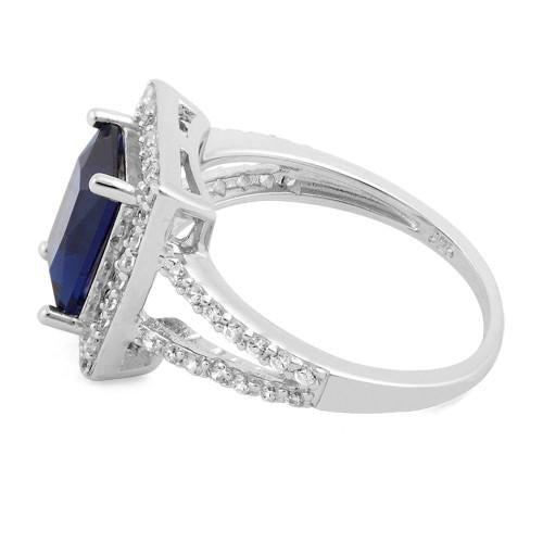 Sterling Silver Blue Sapphire Rectangular Halo CZ Ring