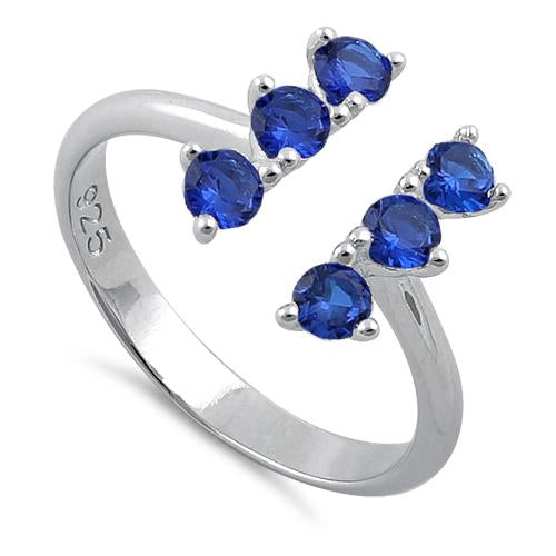 Sterling Silver Blue Sapphire Six Round Stones Adjustable CZ Ring