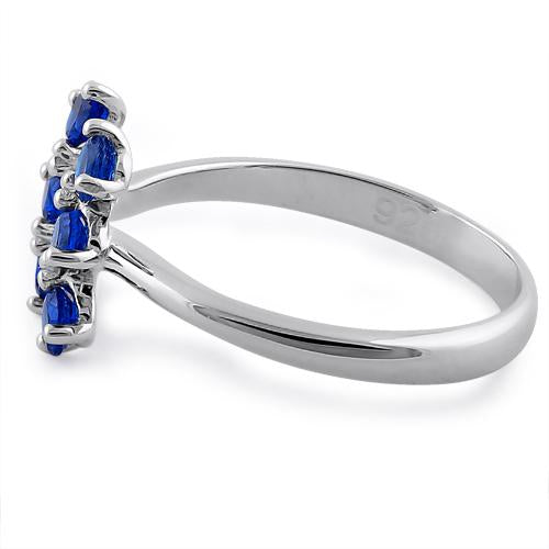 Sterling Silver Blue Sapphire Six Round Stones Adjustable CZ Ring