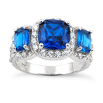 Sterling Silver Blue 3-Stone Halo CZ Ring
