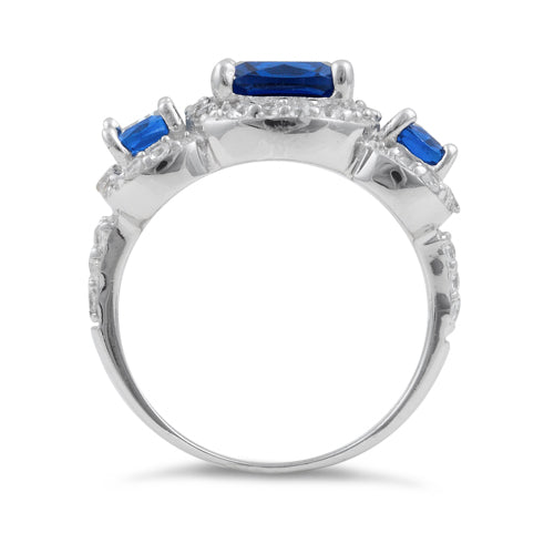 Sterling Silver Blue 3-Stone Halo CZ Ring