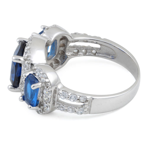 Sterling Silver Blue Sapphire Three Stone Halo CZ Ring