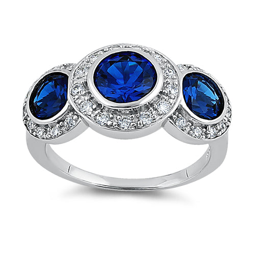 Sterling Silver Blue Sapphire Three Stone Halo CZ Ring