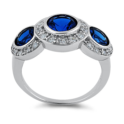 Sterling Silver Blue Sapphire Three Stone Halo CZ Ring