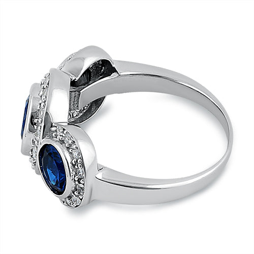 Sterling Silver Blue Sapphire Three Stone Halo CZ Ring