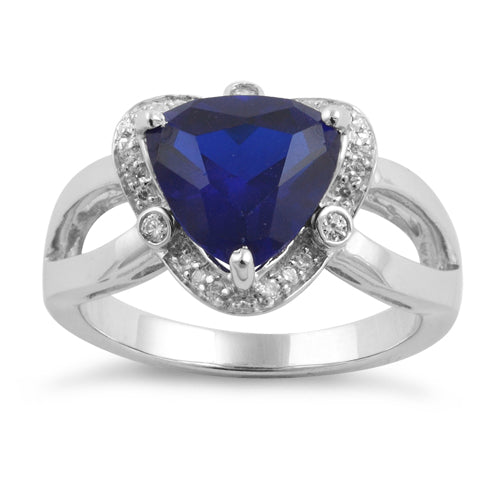 Sterling Silver Blue Sapphire Trillion Cut Halo CZ Ring