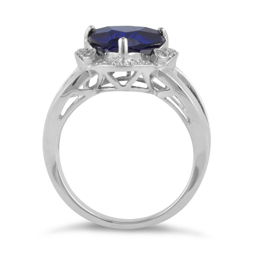 Sterling Silver Blue Sapphire Trillion Cut Halo CZ Ring