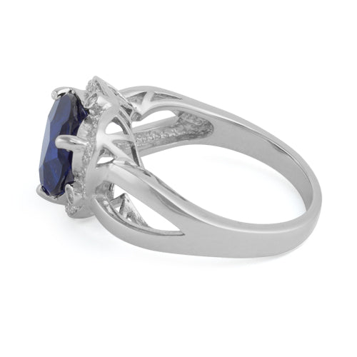 Sterling Silver Blue Sapphire Trillion Cut Halo CZ Ring