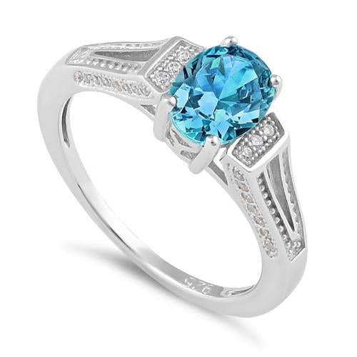 Sterling Silver Aqua Blue Oval Cut CZ Ring