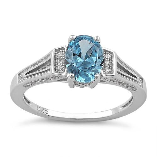 Sterling Silver Aqua Blue Oval Cut CZ Ring