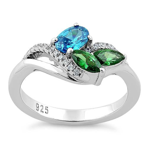 Sterling Silver Blue Topaz Oval Emerald Marquise CZ Ring