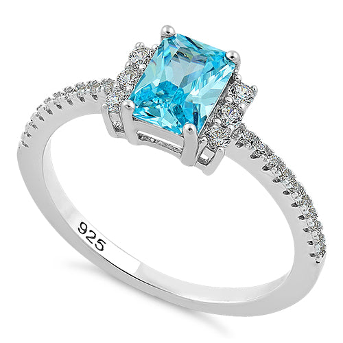 Sterling Silver Blue Topaz Rectangle CZ Ring