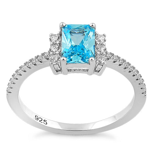 Sterling Silver Blue Topaz Rectangle CZ Ring