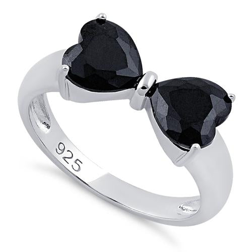 Sterling Silver Bow Heart Cut Black CZ Ring