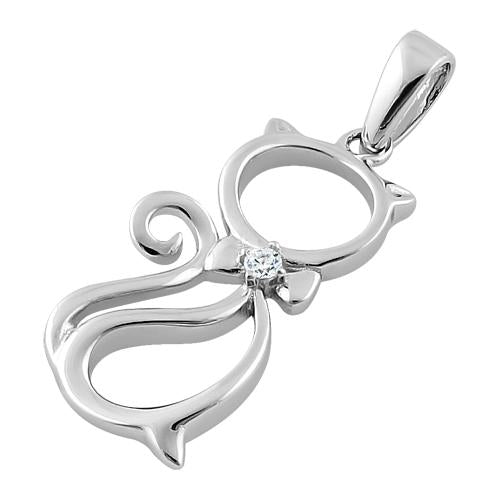 Sterling Silver Bow Tie Cat Clear CZ Pendant