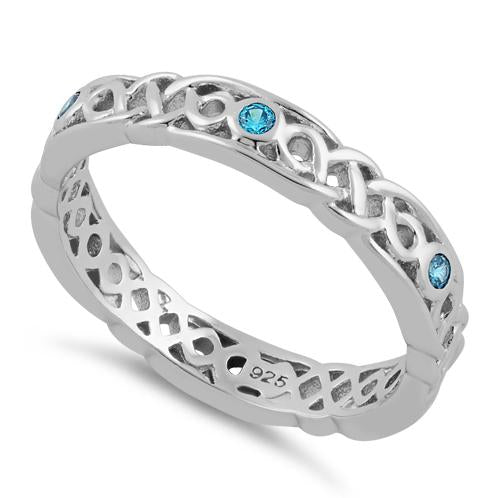 Sterling Silver Braided Eternity Aqua Blue CZ Ring