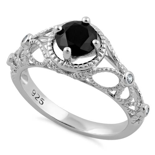 Sterling Silver Butterfly Design Black CZ Ring