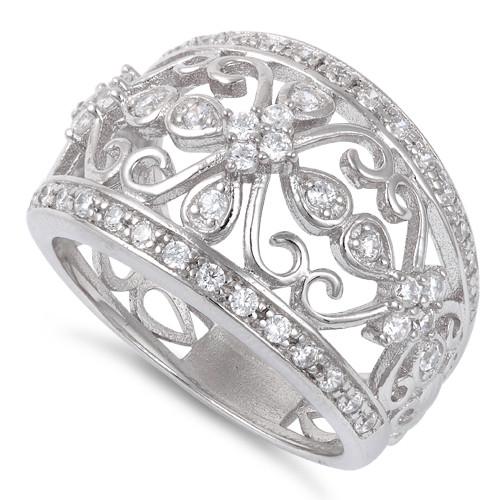Sterling Silver Cage Cross Pave CZ Ring