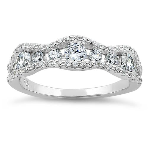 Sterling Silver Cascading Wave Round Cut Clear CZ Ring