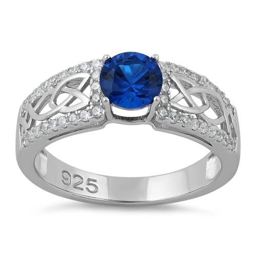 Sterling Silver Celtic Pave Blue Spinel Round CZ Ring