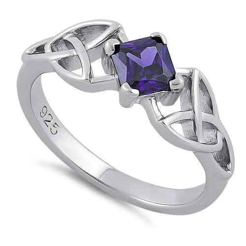 Sterling Silver Celtic Princess Cut Amethyst CZ Ring